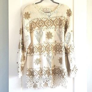 Vintage crochet knit tunic sweater handcrafted cream tan size large